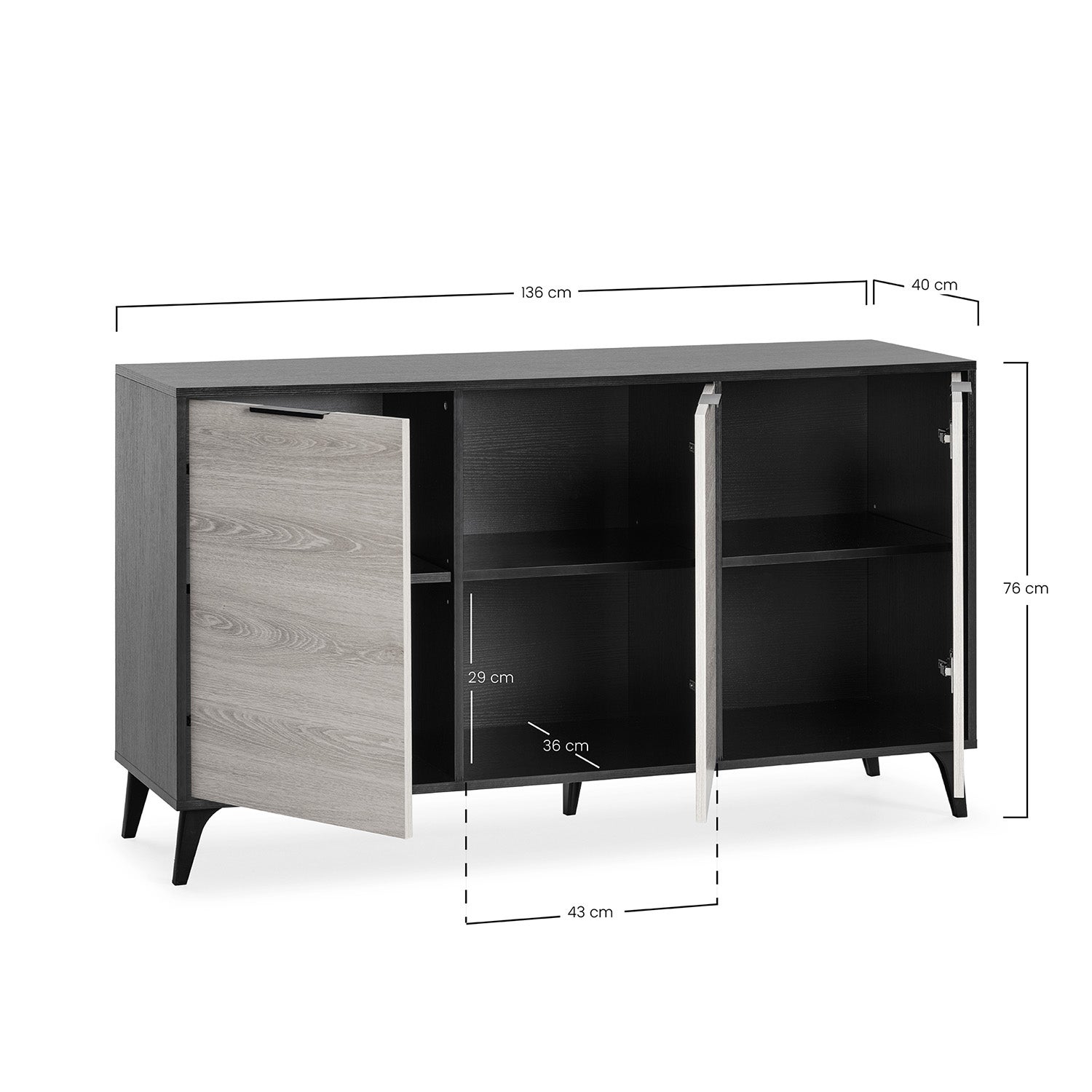 Buffet Kalma 3 portes en noir/chêne, largeur 136 cm - 4