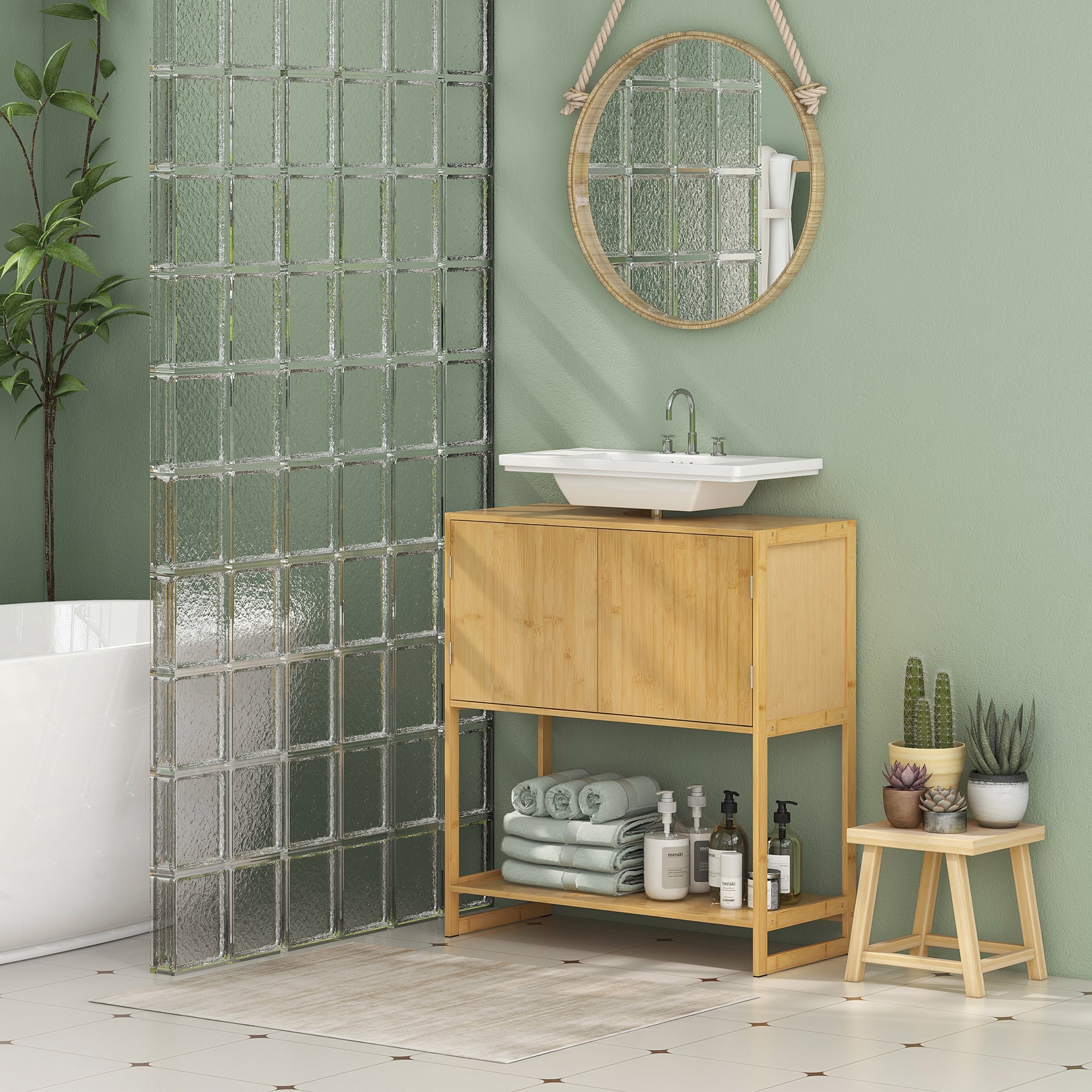 Mobile Sottolavabo HOMCOM Bianco Con 2 Ante Decorate - Armadietto Bagno Con Intaglio A U Per Tubi, 60x30x60cm - Foto 5