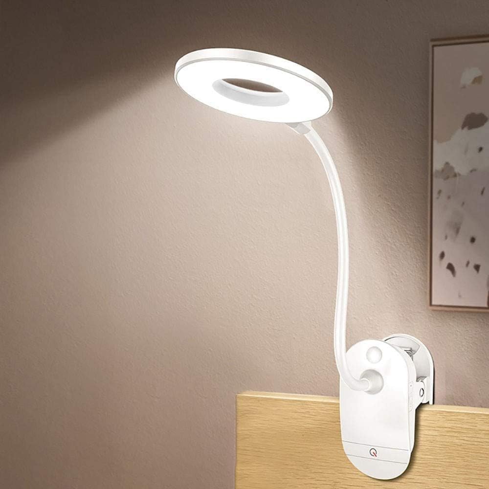 Zasilana bateriami lampka do czytania z klipsem do łóżka, z 3 poziomami jasności, ładowana przez USB
