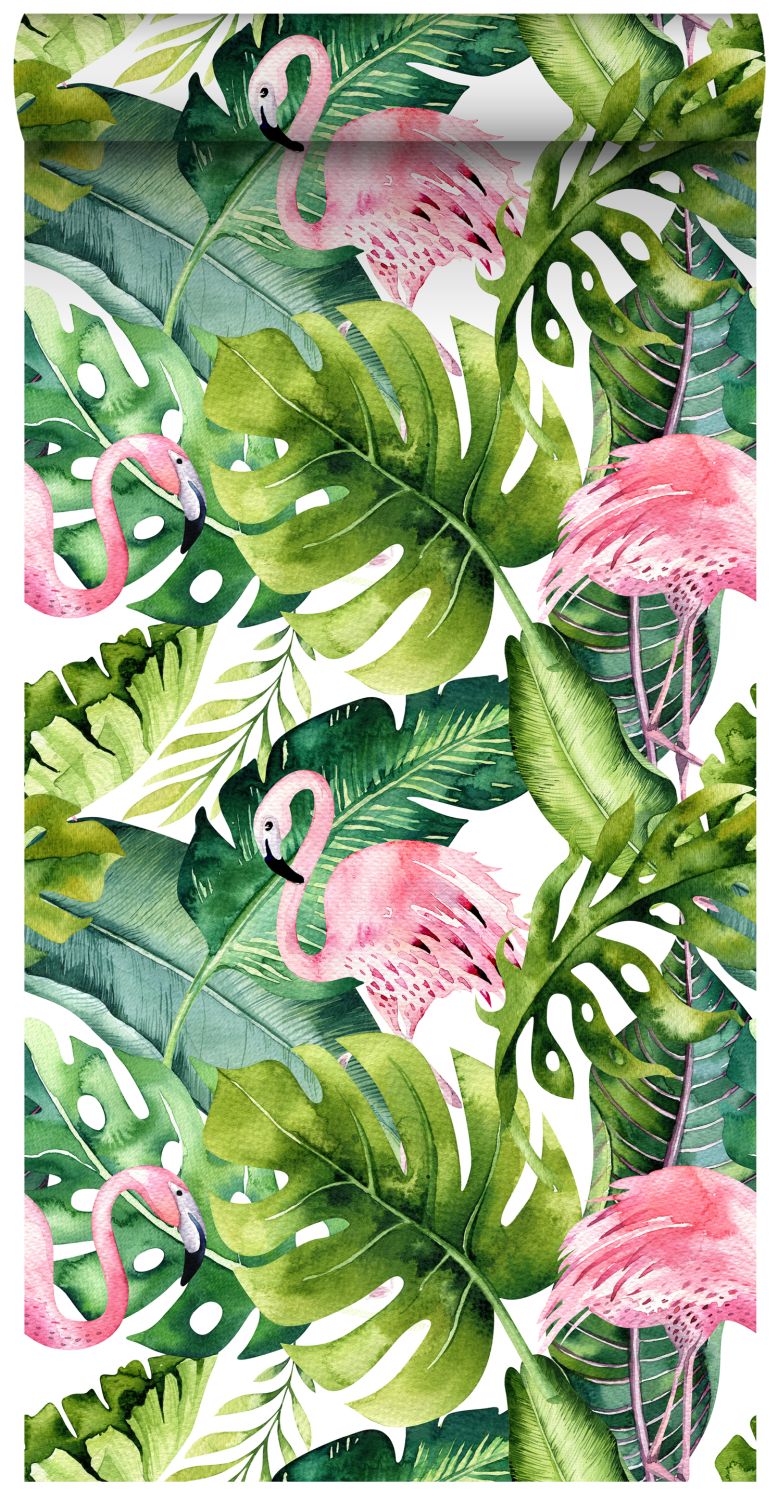 Papel pintado xxl hojas tropicales con flamencos verde y rosa - 50 x 900 cm - estahome