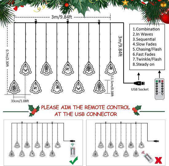 Guirlande lumineuse de Noël 3M, rideau lumineux, lumières de fenêtre de Noël pour les décorations de Noël dans la chambre à coucher, 3 m, 8 modes, tél - 2