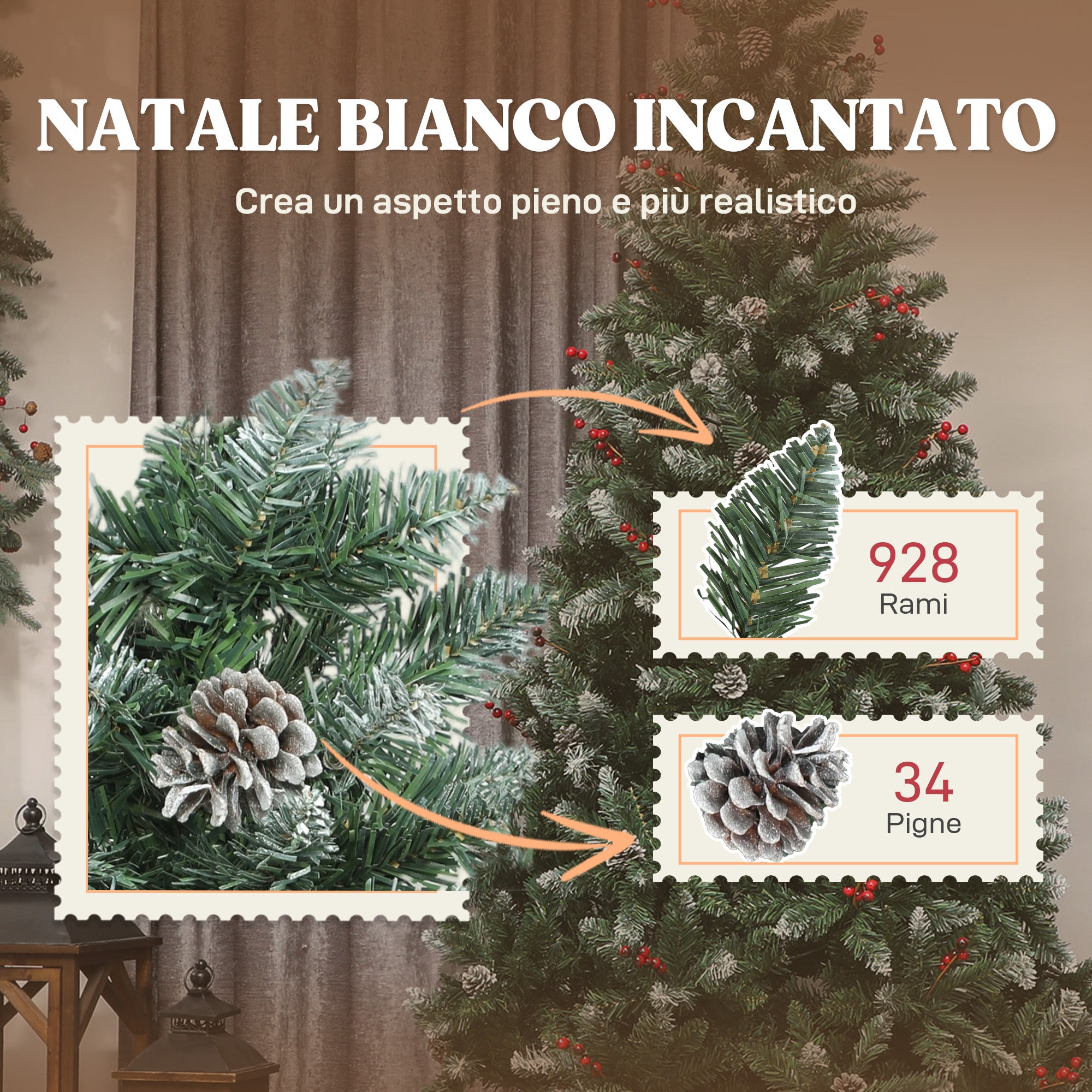 HOMCOM Albero di Natale Alto 210 cm da Interno con 928 Rami, Pigne e Bacche Rosse, Base in Metallo, Verde - 5