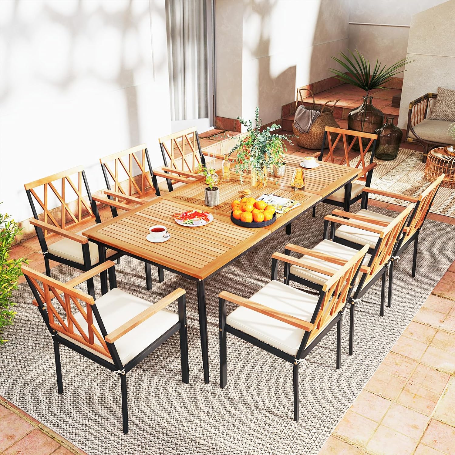 Table de Salle à Manger Jardin 8 Personnes en Bois d'Acacia-FSC, Table de Jardin Exterieur avec Trou Parasol de 5 CM, Plateau à Lattes, 200 x 90 cm - 2