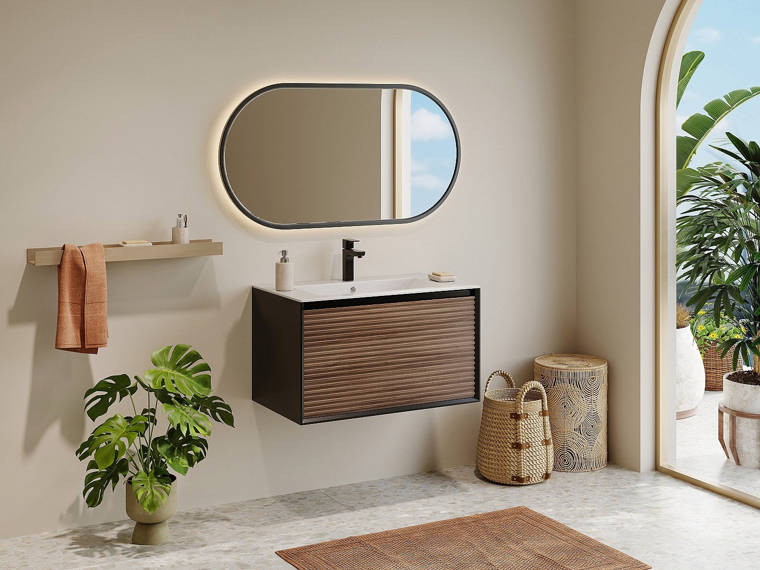 Podwieszana szafka łazienkowa z prążkowanym wykończeniem, umywalką nablatową i kranem - Kolor ciemny naturalny i czarny - 80 cm - BANIVA