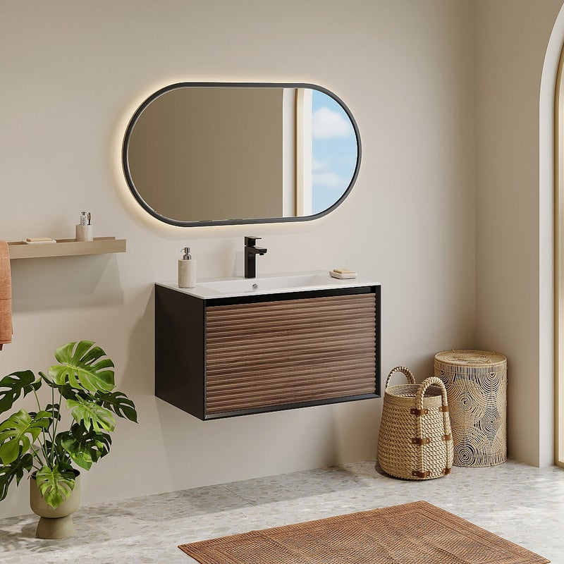 Podwieszana szafka łazienkowa z prążkowanym wykończeniem, umywalką nablatową i kranem - Kolor ciemny naturalny i czarny - 80 cm - BANIVA