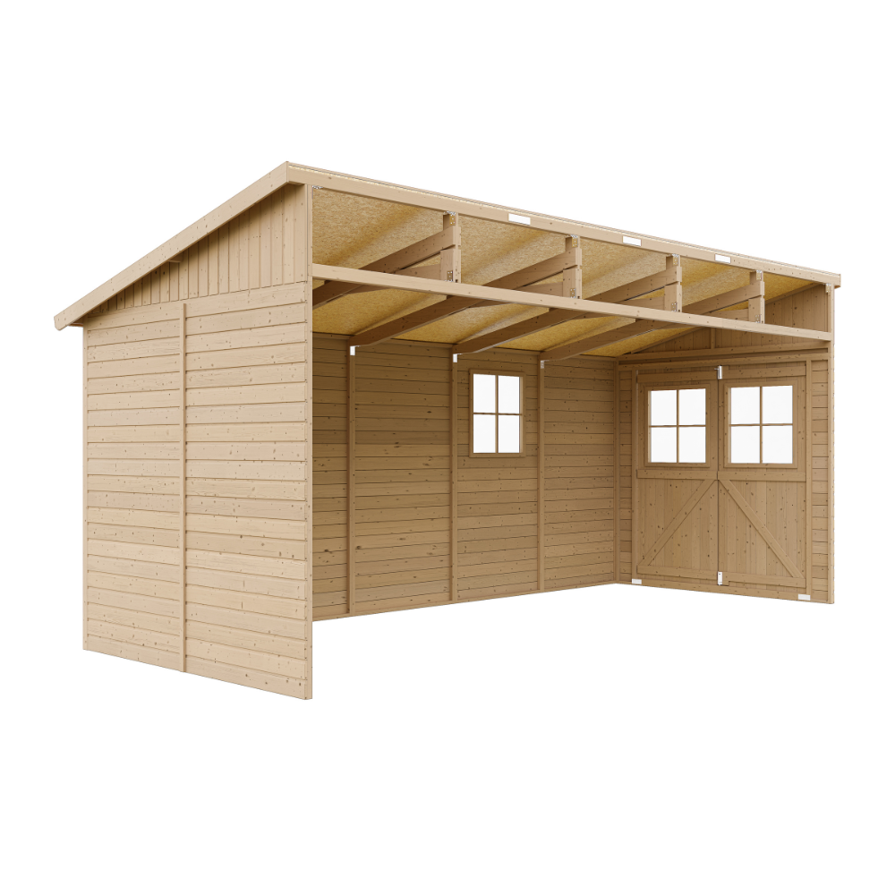 TIMBELA M341 Abri de Jardin en Bois Naturel (sans paroi latérale)- Stockage extérieur avec fenêtres- H244x216x513 cm/10 m2, hangar en bois naturel - 3