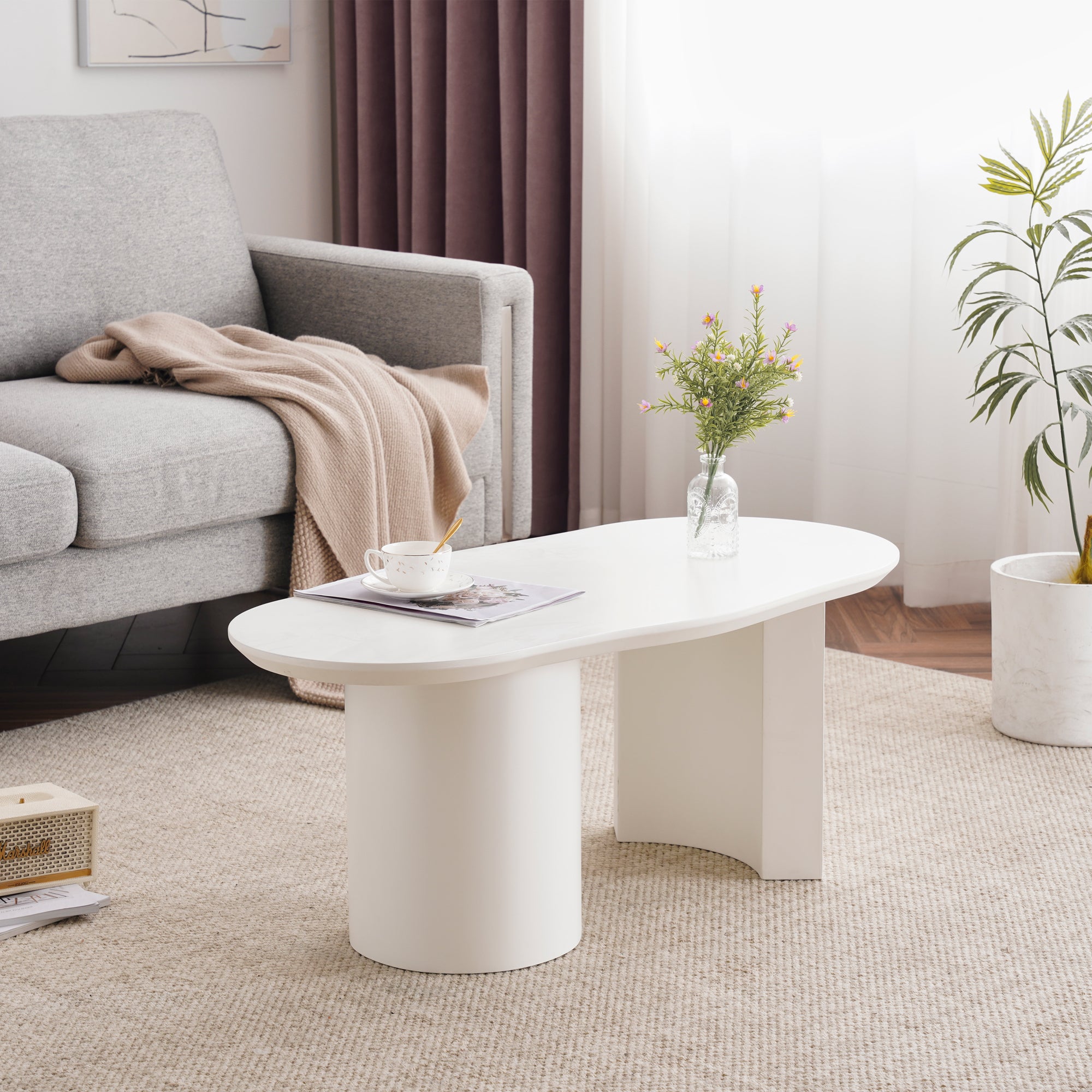 Nieregularny stolik kawowy z okrągłą nogą - 100 x 50 x 45,5 cm - MDF - do salonu lub sypialni - Biały