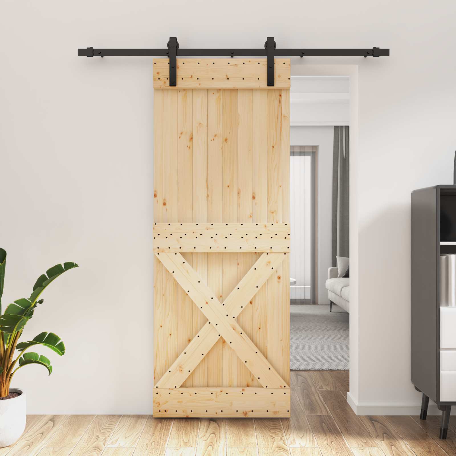 Porte coulissante avec kit de rail - Bois de pin massif - Naturel et ...