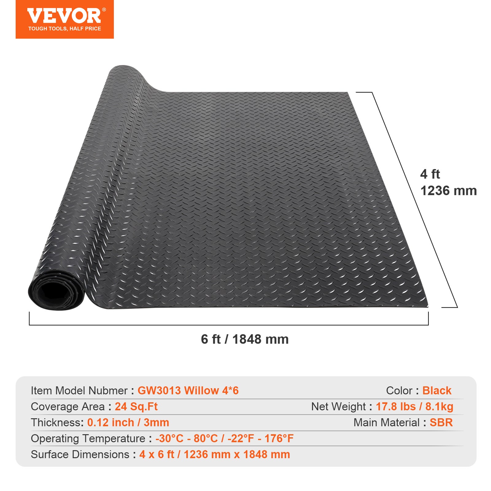 Tapis de Sol de Garage VEVOR 1236x1848 mm Rouleau Revêtement Sol en Caoutchouc SBR Motif 3D Épaisseur 3 mm Étanche Facile à Nettoyer pour Protection - 7