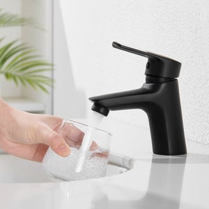 Robinet Salle de Bains,AURALUMMAX,Mousseur Économie d'Eau,avec Trou de Tirette de Vidage,EAU Froide/Chaude,Installation/Nettoyage Facile,Taille S,Noir