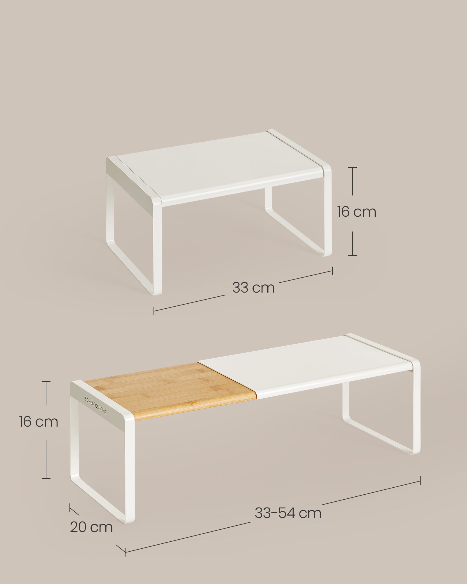Estante organizador de cocina extensible, apilable, para armario o encimera, bambú claro y blanco - 6