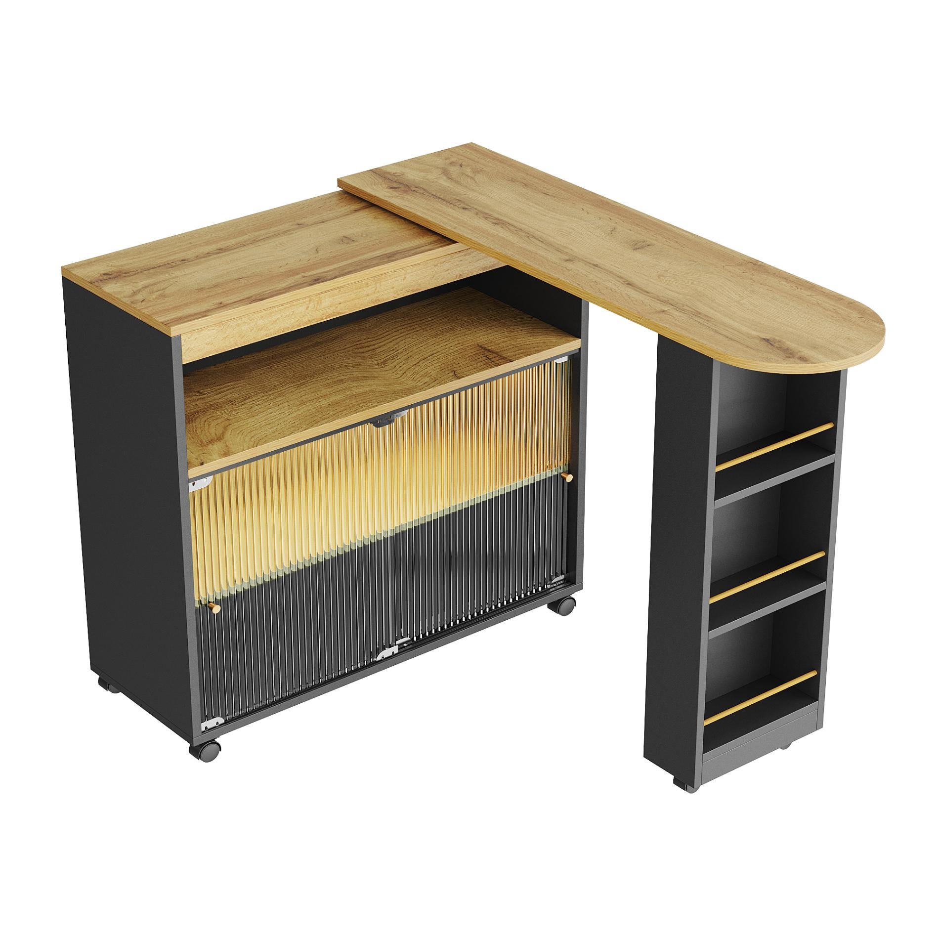 Rozkładany stół barowy ze schowkiem i oświetleniem LED, nowoczesny teleskopowy stół barowy, 138-204×39×105 cm, na kółkach do kuchni i salonu