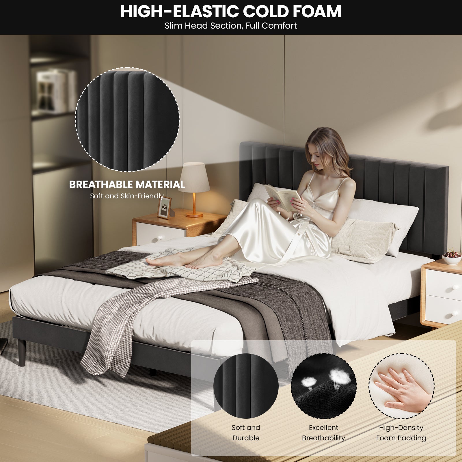 Estrutura De Cama 140x190 Cm, Cama De Casal Estofada Preta, Espaço De Arrumação Debaixo Da Cama, Design Silencioso, Fácil De Montar - 6