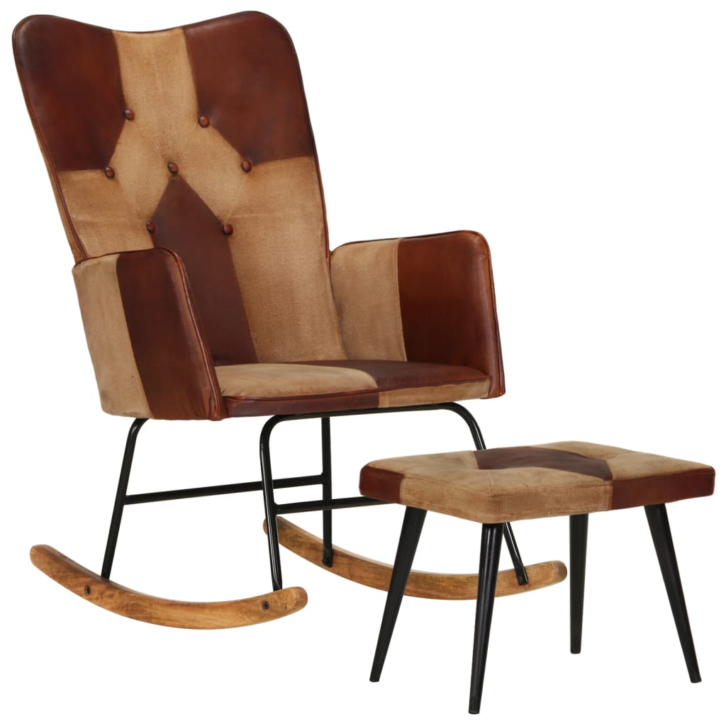 Mecedora | sillón balancín relax | sillón de salón con taburete cuero auténtico y lona marrón cfw768969
