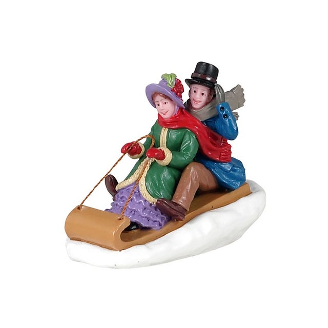 Toboggan de style victorien avec un couple de figurines en polyrésine pour le village de Noël / Titre par défaut