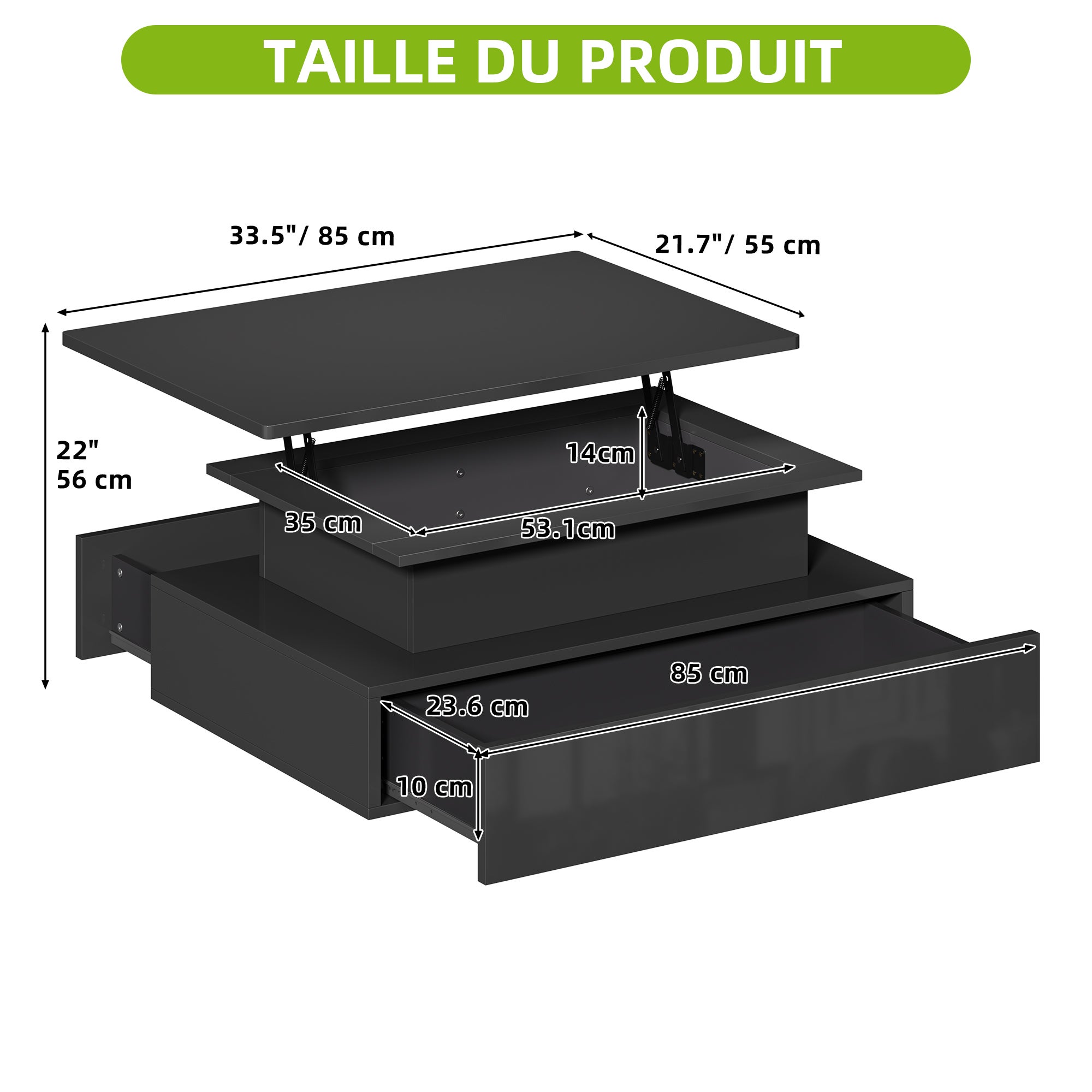 Balconera Table basse Plateau Relevable - Éclairage LED - 2 tiroirs de rangement - 85 x 55 x 56 cm - Noir - 4