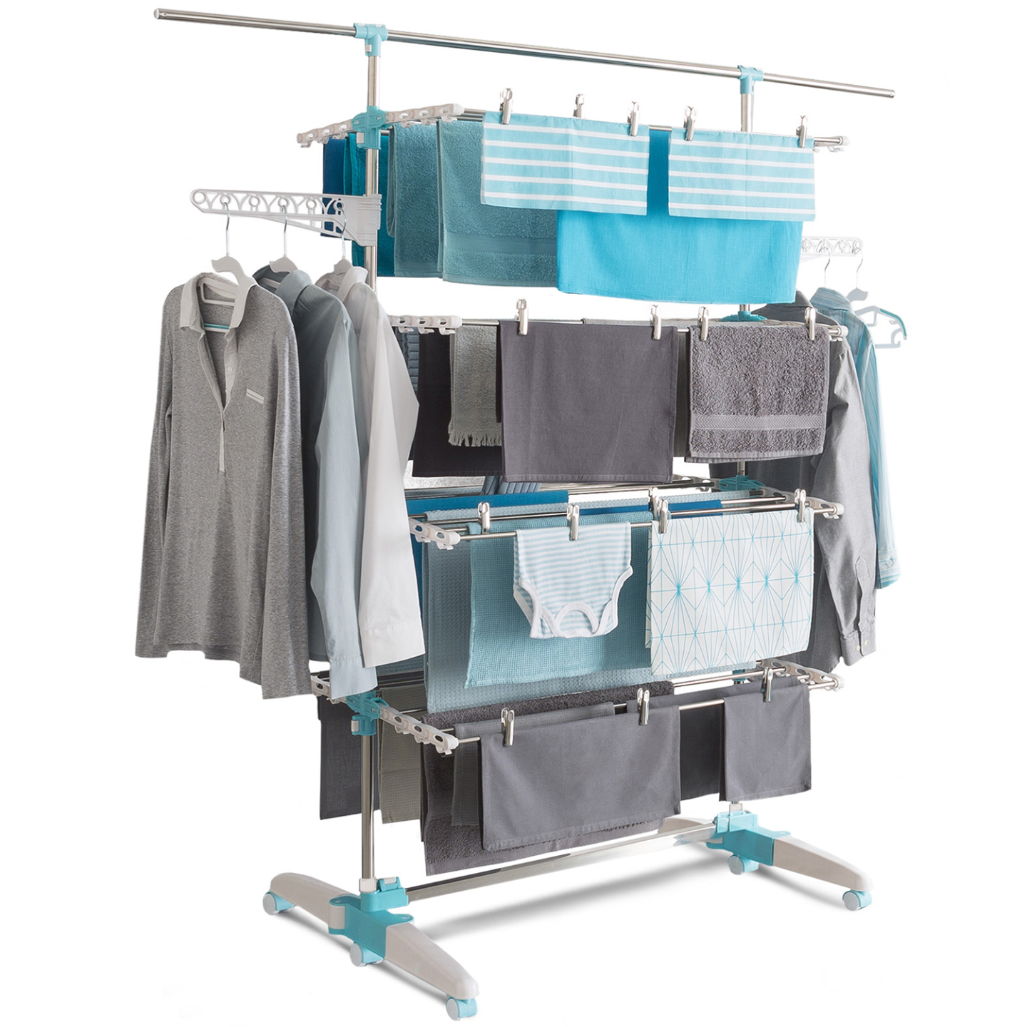 Séchoir à linge vertical pliable 4 niveaux OPTIMUM capacité 30M avec tringle télescopique blanc et bleu - 2