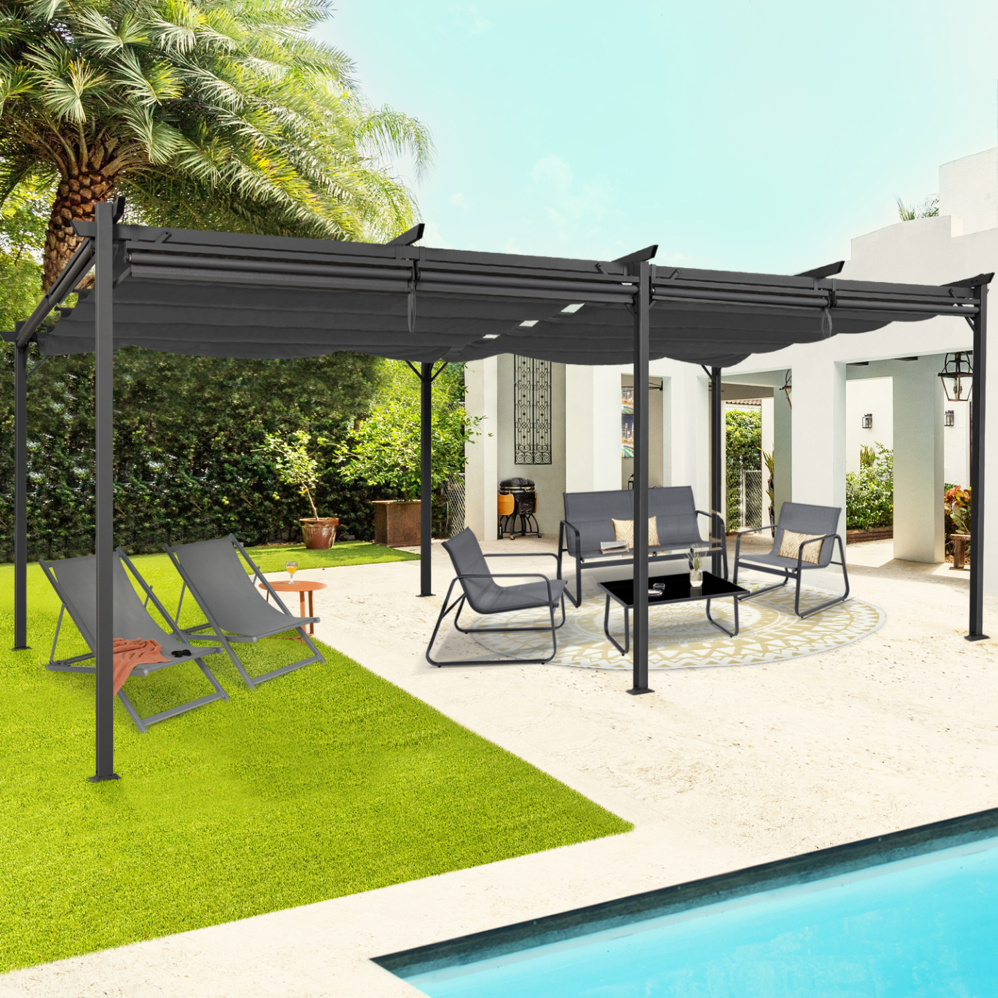 Pergola édition spéciale toit rétractable 3x6 M et 6 stores gris anthracite - 3