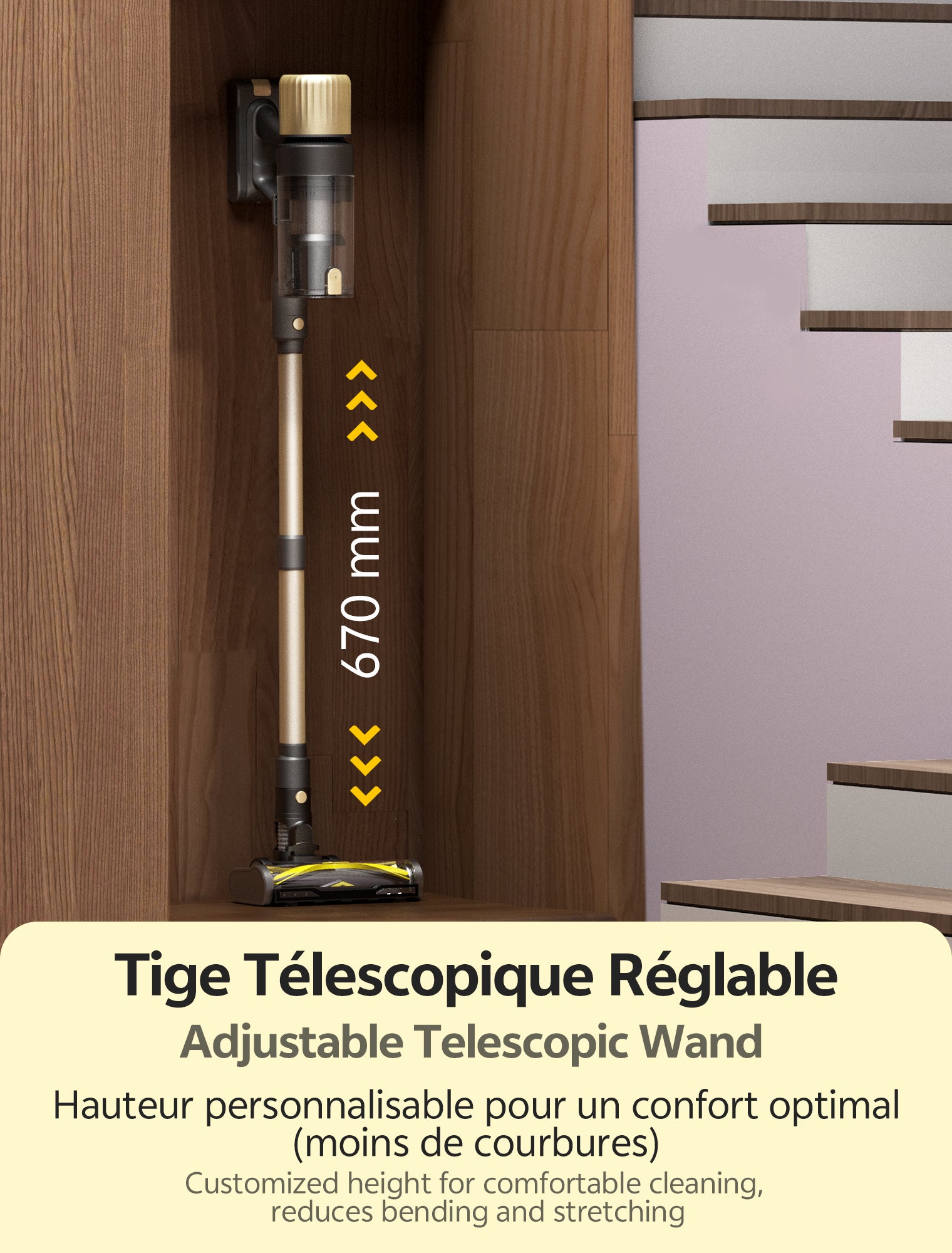 Aspirateur Balai sans Fil, 70min/75KPA, Auto-portant, Greeneye™ Technologie,Tige Télescopique Réglable, Or - 8