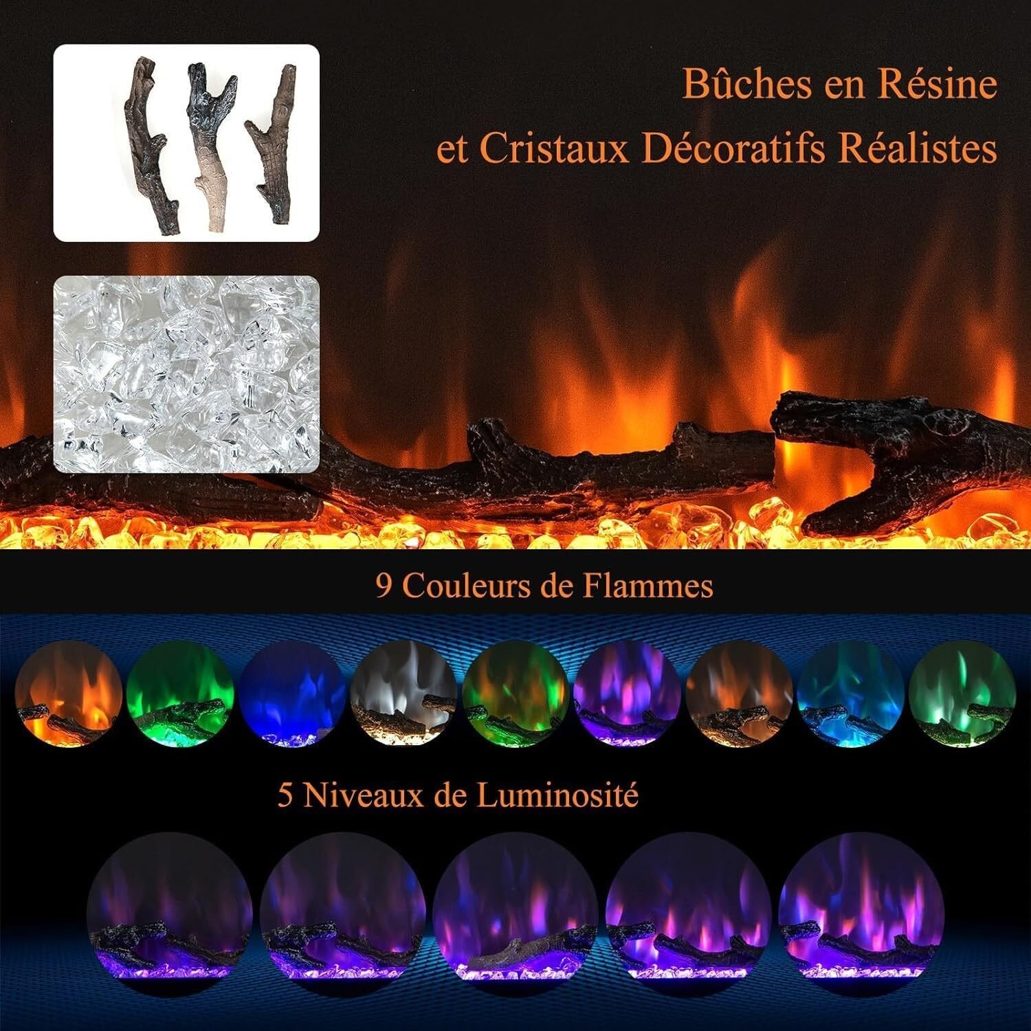 Cheminée électrique Murale 750W/1500W, Effet Flamme avec 9 Couleurs, Cheminée Chauffante 91,5 cm, Température Réglable 18-28℃, Minuterie - 4