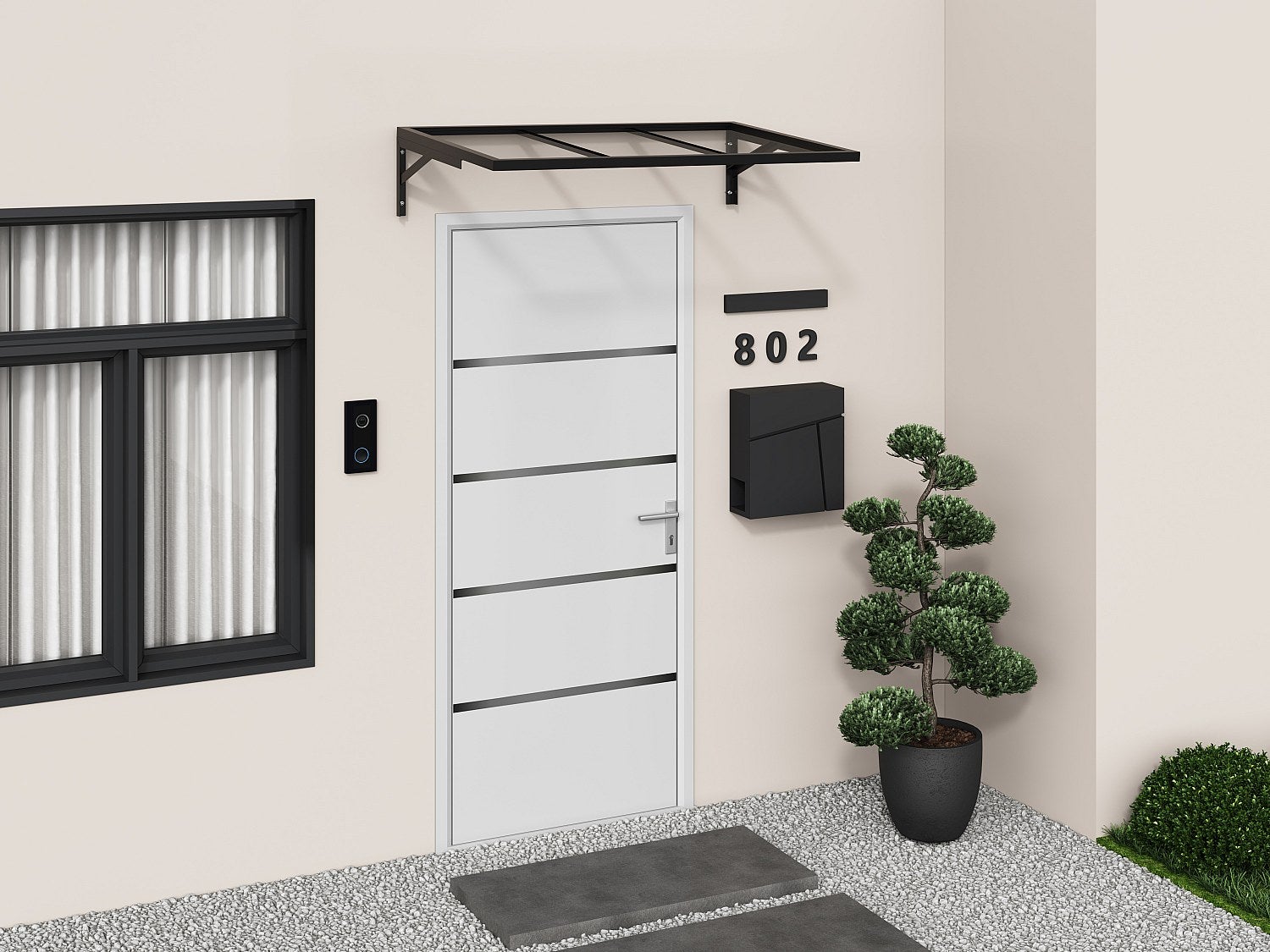 Daszek nad drzwi z aluminium i stali, L120 x S80 cm, pochylony, czarny – PELARU