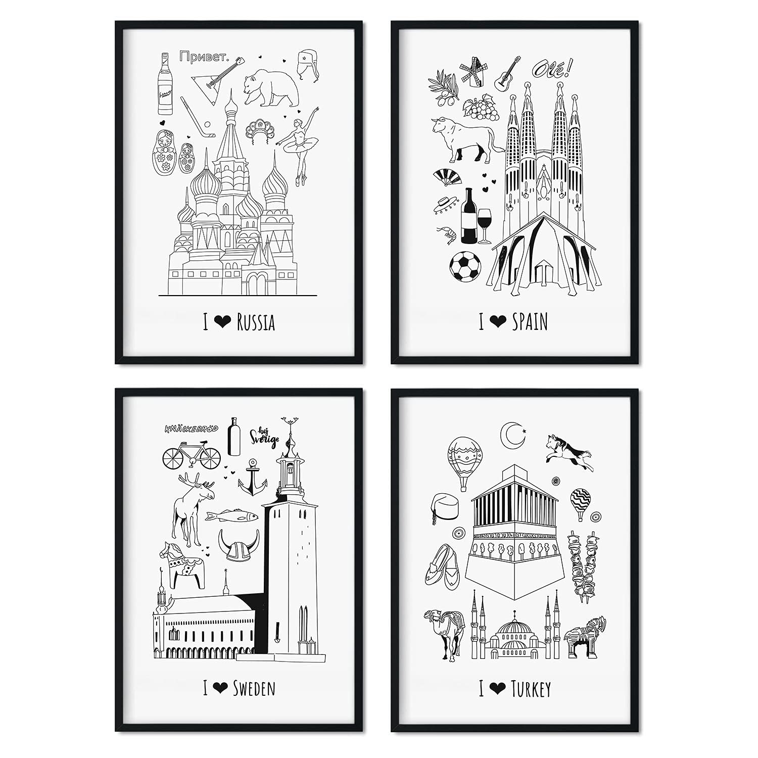 Set de láminas europa 3. pósteres de paises y ciudades del mundo para viajeros. sin marco - a4
