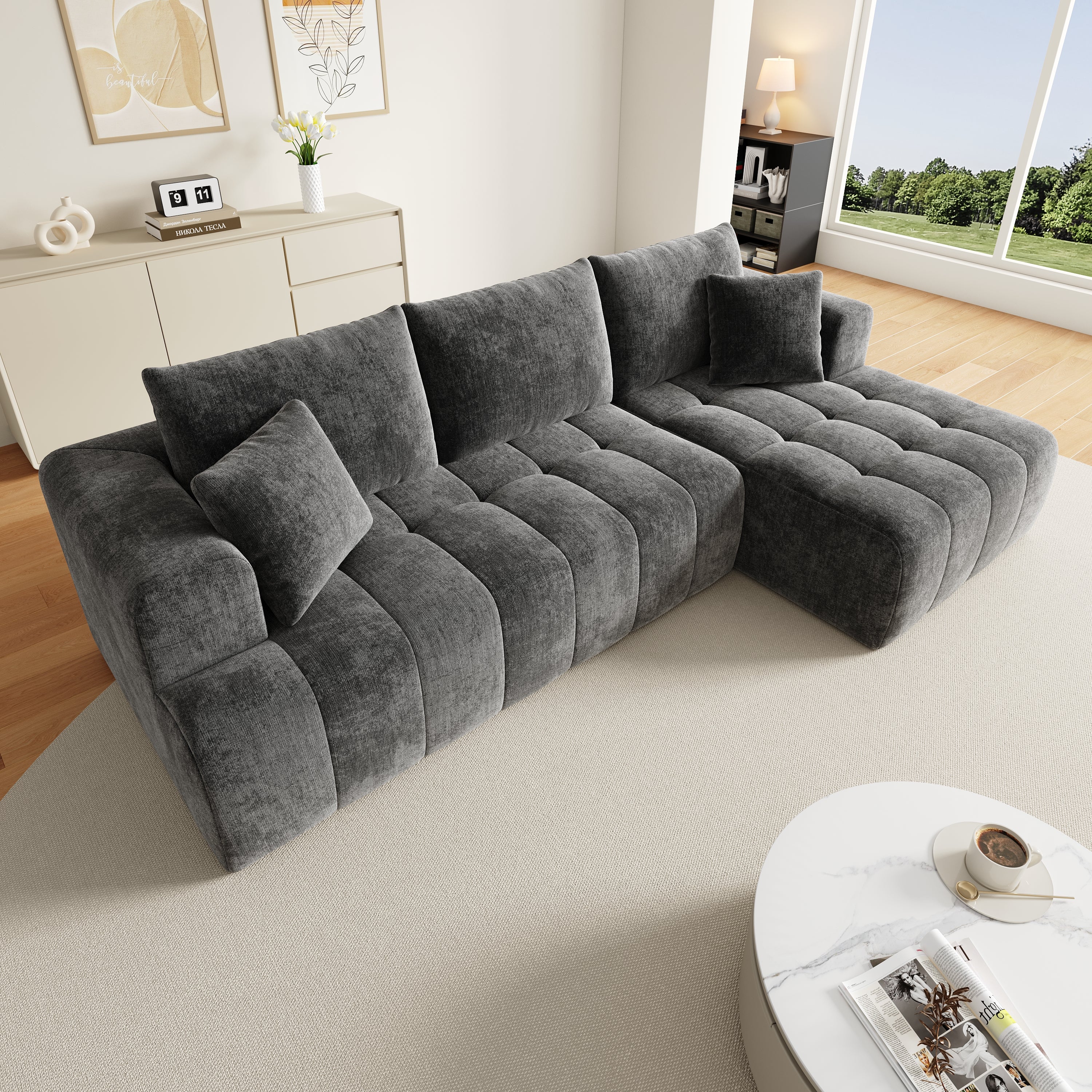 Canapé d'angle modulaire en L 244.5x136x79cm, canapé nuage, tissu chenille confortable, combinable librement,sans montage, gris - 2