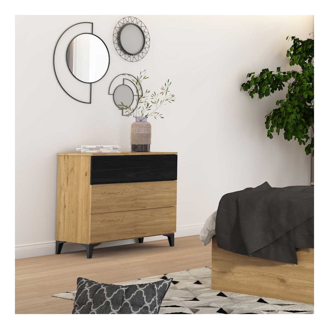 Commode 3 tiroirs Bois massif Gris - GABRIEL | Leroy Merlin