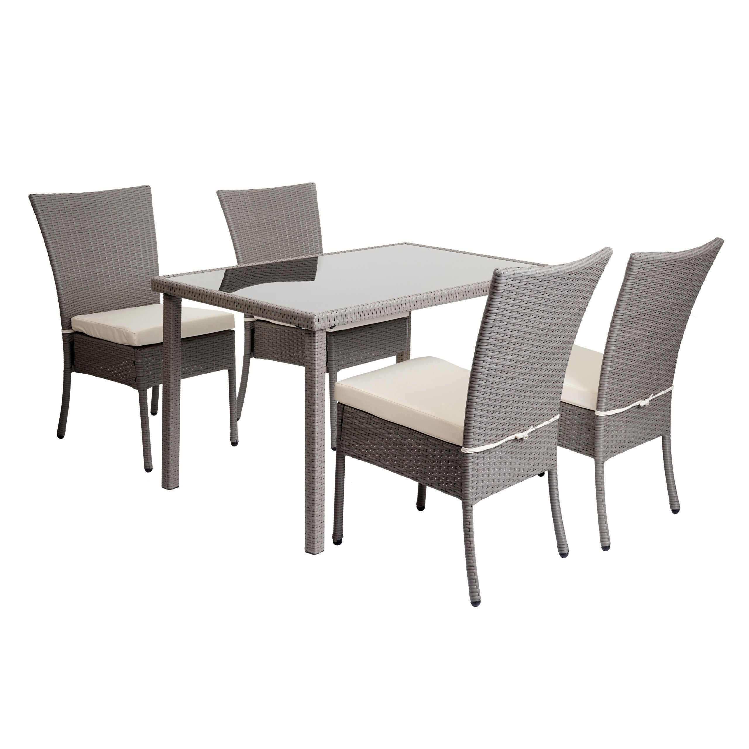 Zestaw z rattanu syntetycznego HWC-G19, zestaw balkonowy/lounge, 4 krzesła + stół, 120 x 75 cm ~ szary, poduszki w kolorze kremowym