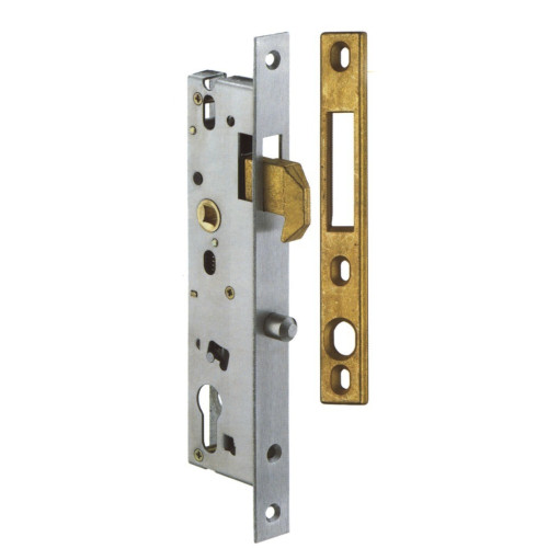 Serrure à larder à mentonnet pour porte ou portail coulissants entraxe 92 mm axe à 42 coffre de 57 mm avec gâche