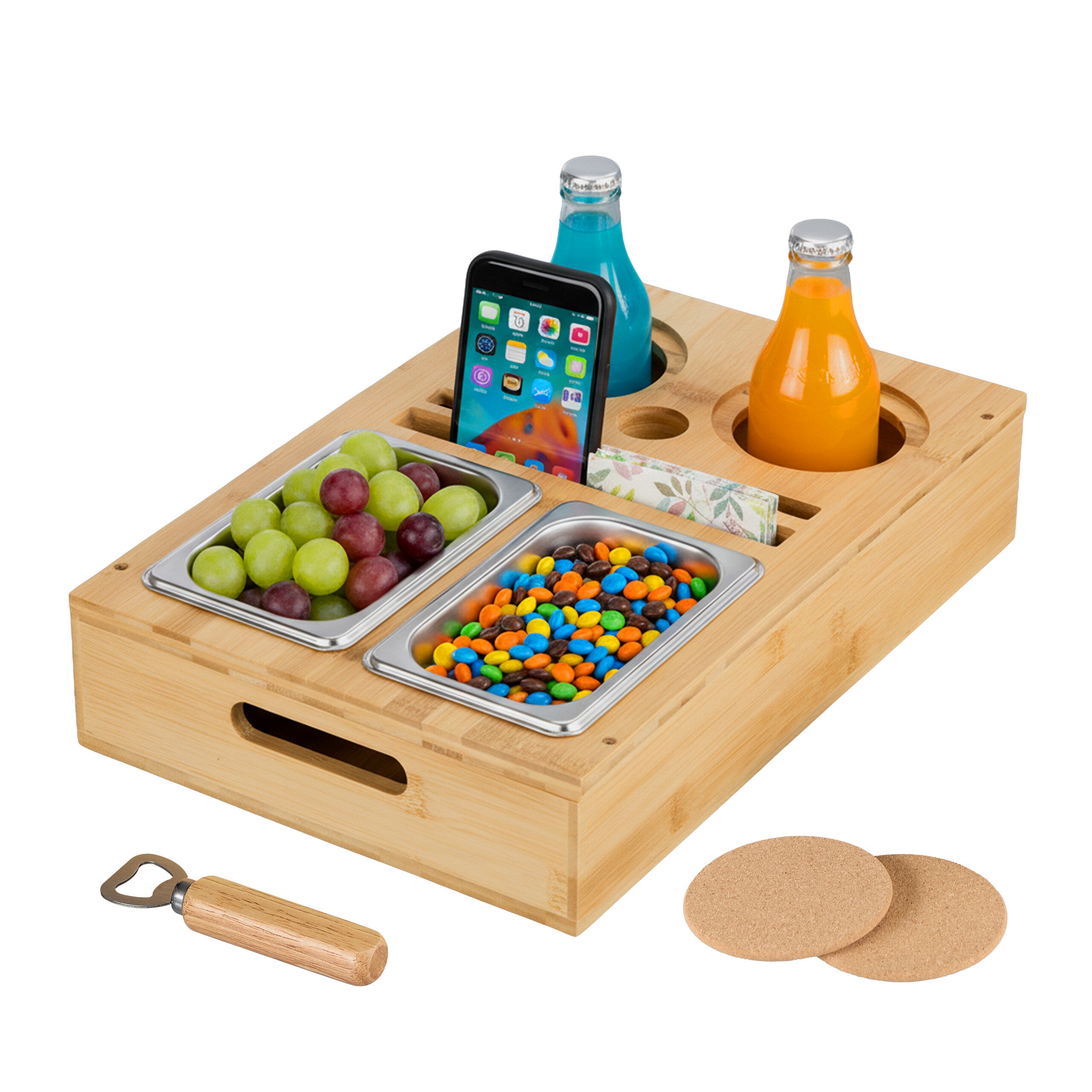 Vassoio Da Divano Couchbar In Bambù | 3 Ciotole Acciaio Inox E 2 Portabicchieri | Set Snack 2-in-1 Per Letto E Portata