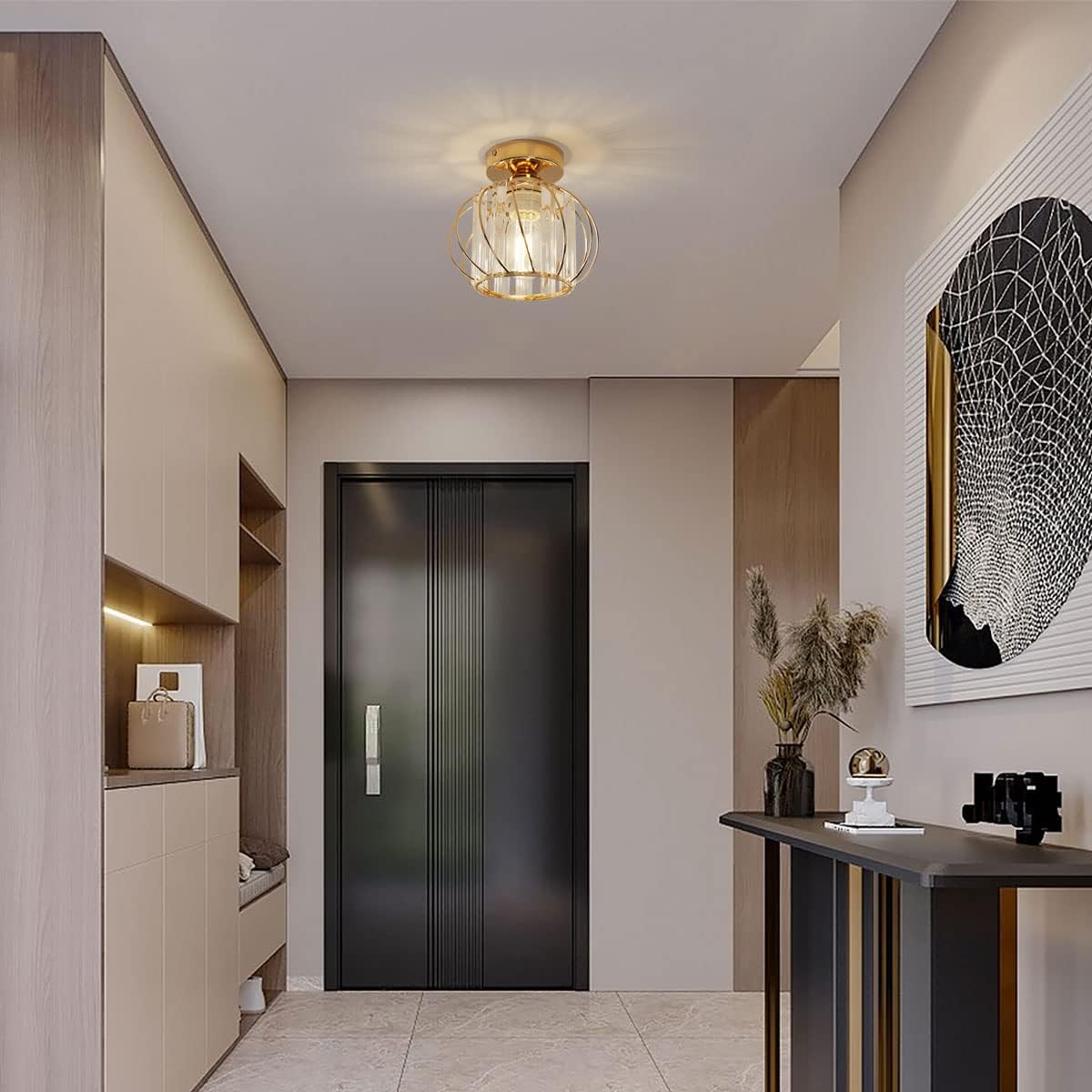 GOECO Plafonnier Cristal Doré en Métal, Luminaire Plafond E27 Rond Ø19cm pour Salon Chambre Couloir Intérieur - 2