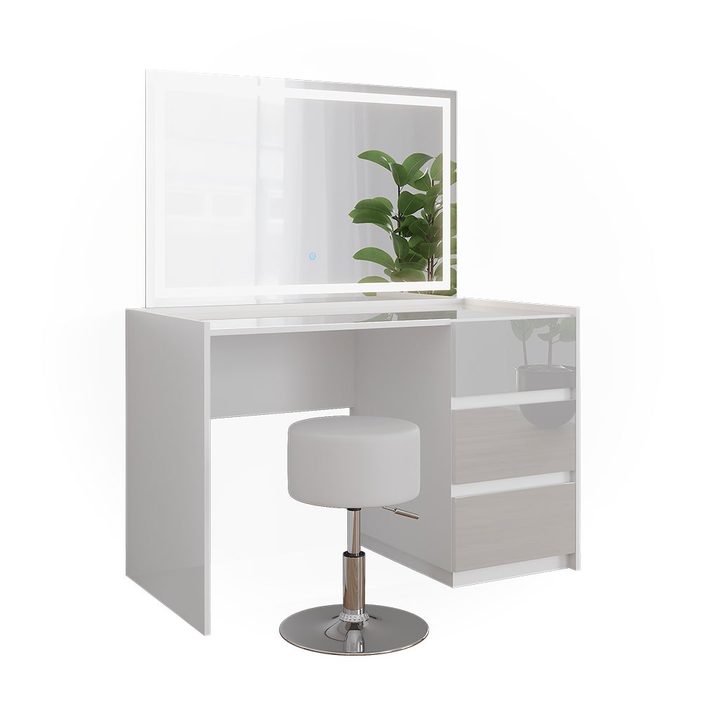 Vicco Toaletka Marla, Biały wysoki połysk, 120 cm z lustrem LED i stołkiem