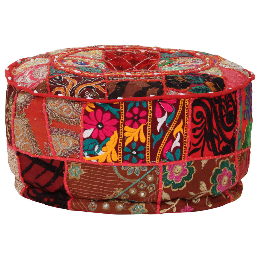 Pufe redondo feito à mão em algodão patchwork 40x20 cm vermelho - 6