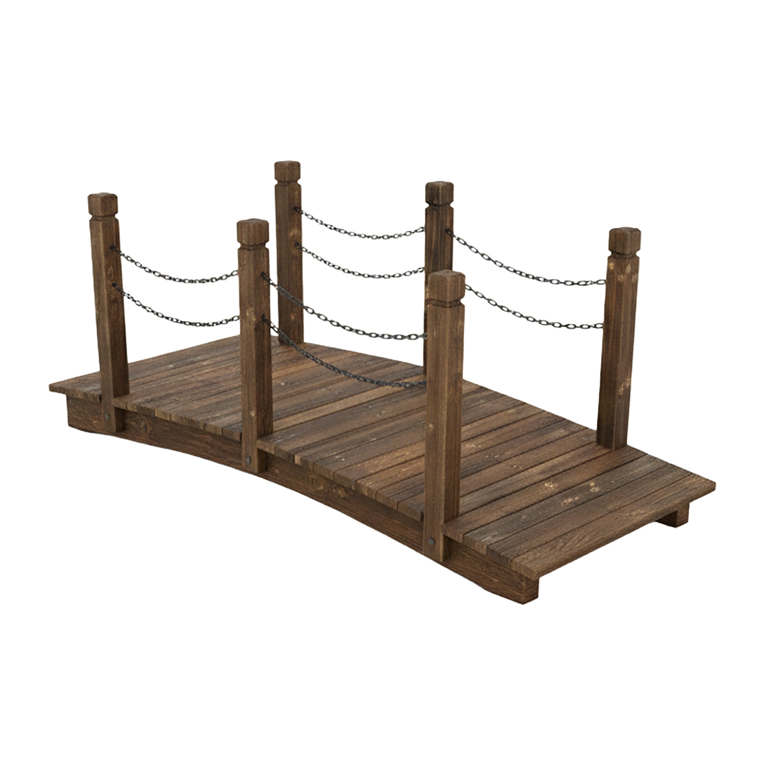 Puente de jardín, postes con cadenas, madera de abeto, para estanque, 55 x 150 x 67 cm, marrón, relaxdays