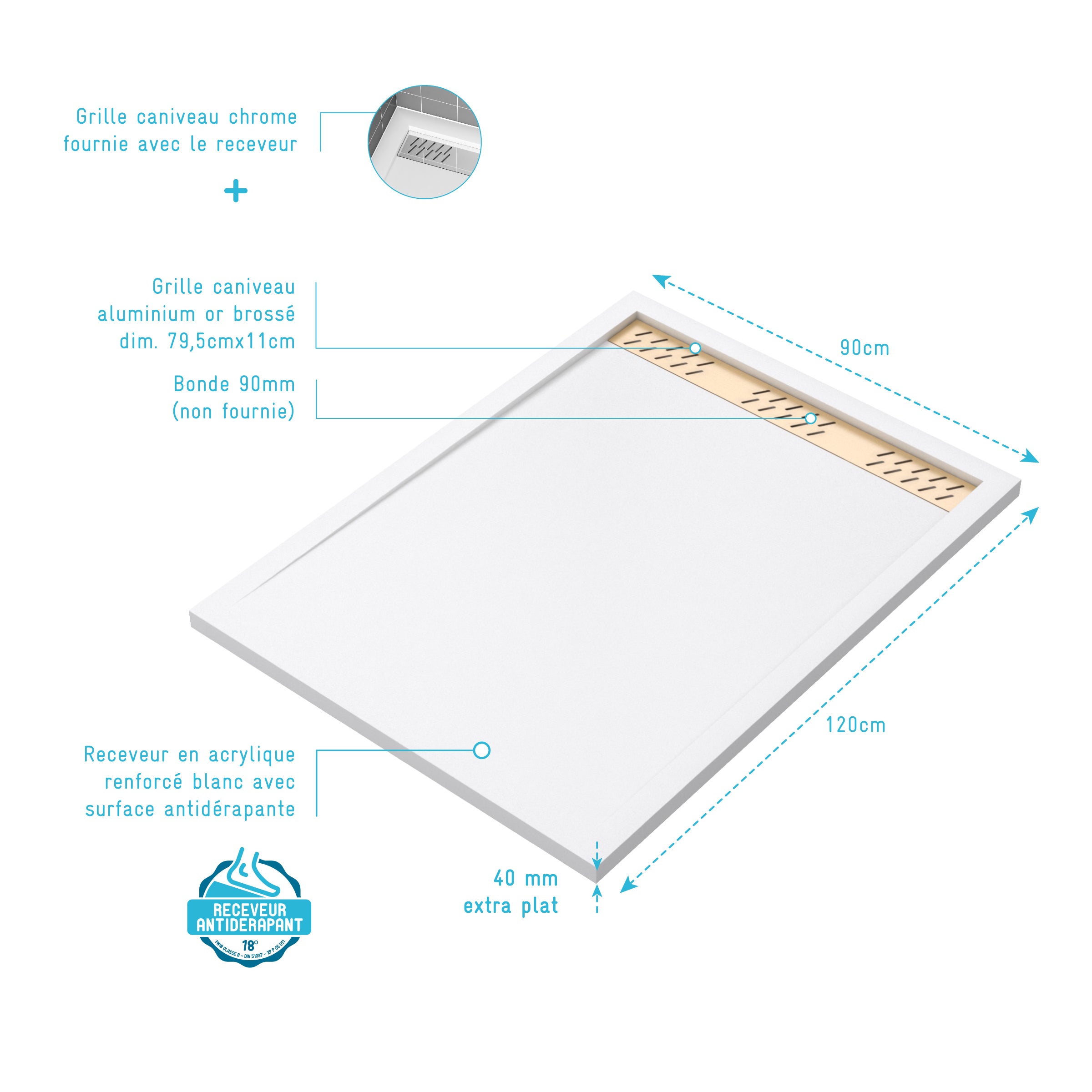 Receveur en acrylique Blanc 90x120x4 cm + Grilles Linéaires Chrome et Or Brossé - WHITENESS II - 4