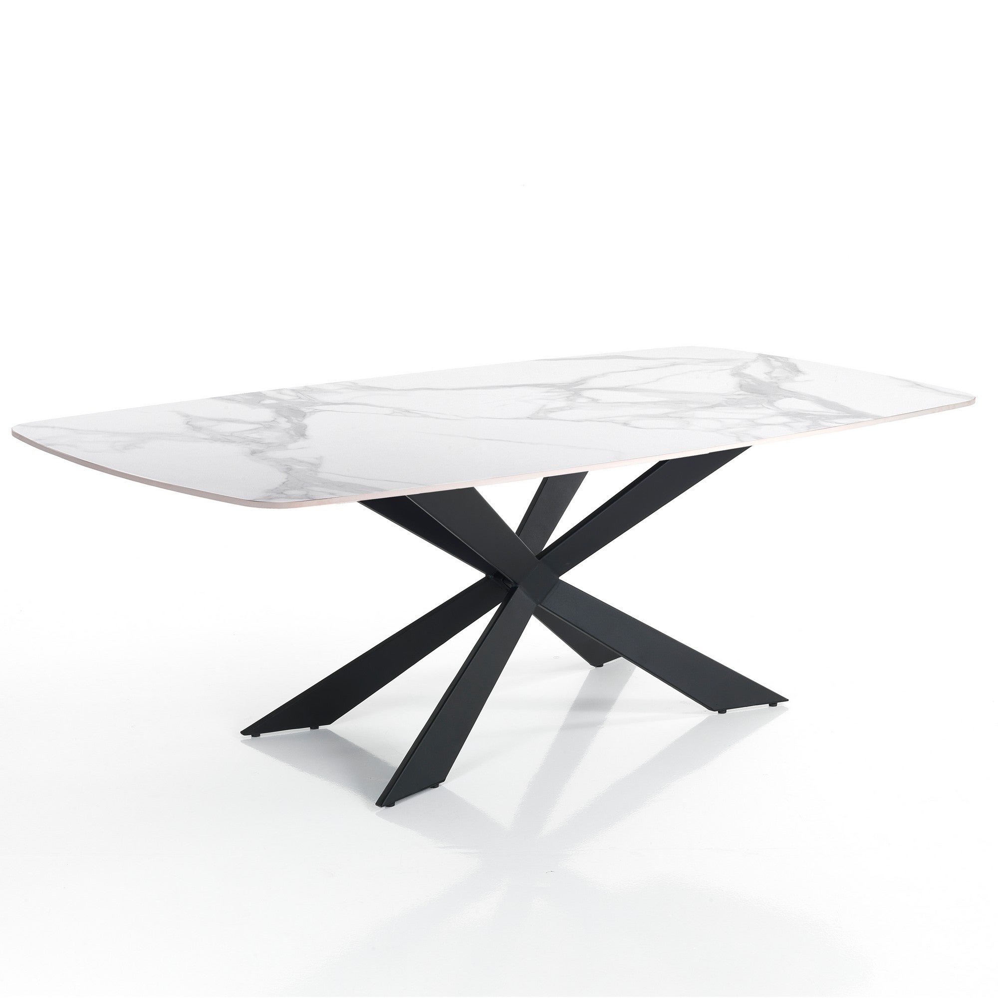 Stół TIPS WHITE MARBLE, błyszcząca ceramika Calacatta, dł. 180 cm, czarna podstawa, do jadalni lub salonu
