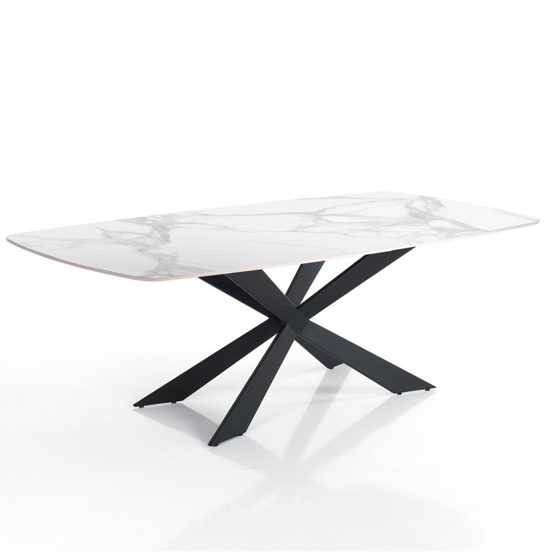 Stół TIPS WHITE MARBLE, błyszcząca ceramika Calacatta, dł. 180 cm, czarna podstawa, do jadalni lub salonu