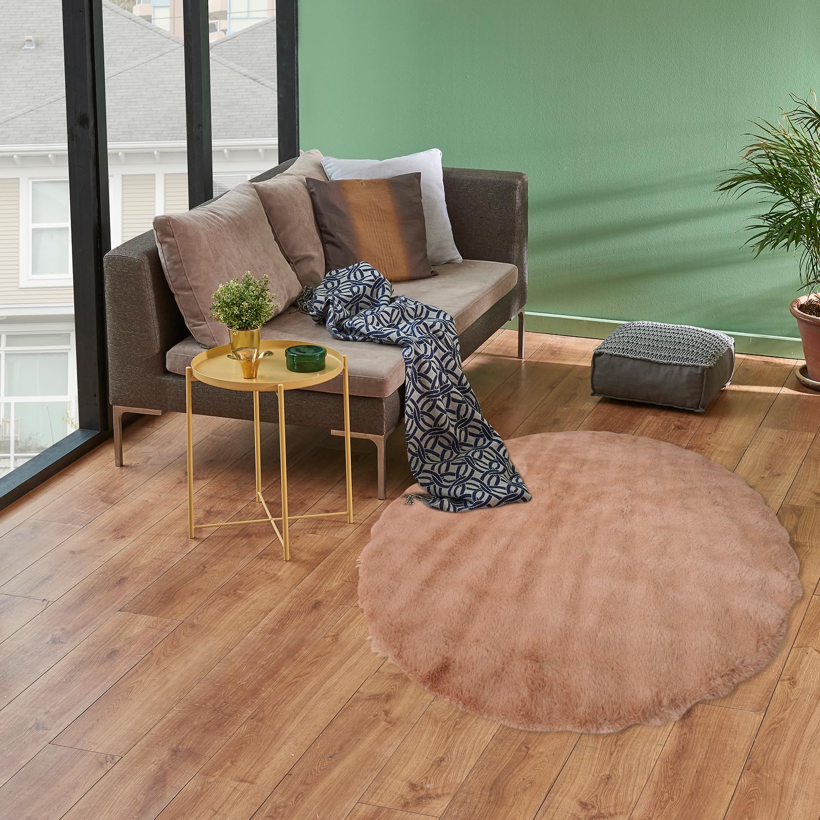 Tapis Fausse Peau de Mouton Rond, Tapis Poil Long, Moquette Intérieure lavable pour Salon, Chambre, Descente de Lit, Diamètre 100cm, Marron - 5