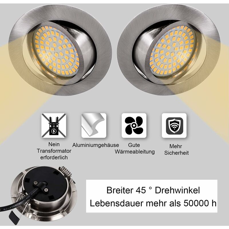 Set di 8 faretti da incasso a LED piatti 220V 5W Faretti da soffitto a LED orientabili Bianco caldo 3000K, Faretto da incasso rotondo in acciaio IP20 - 4