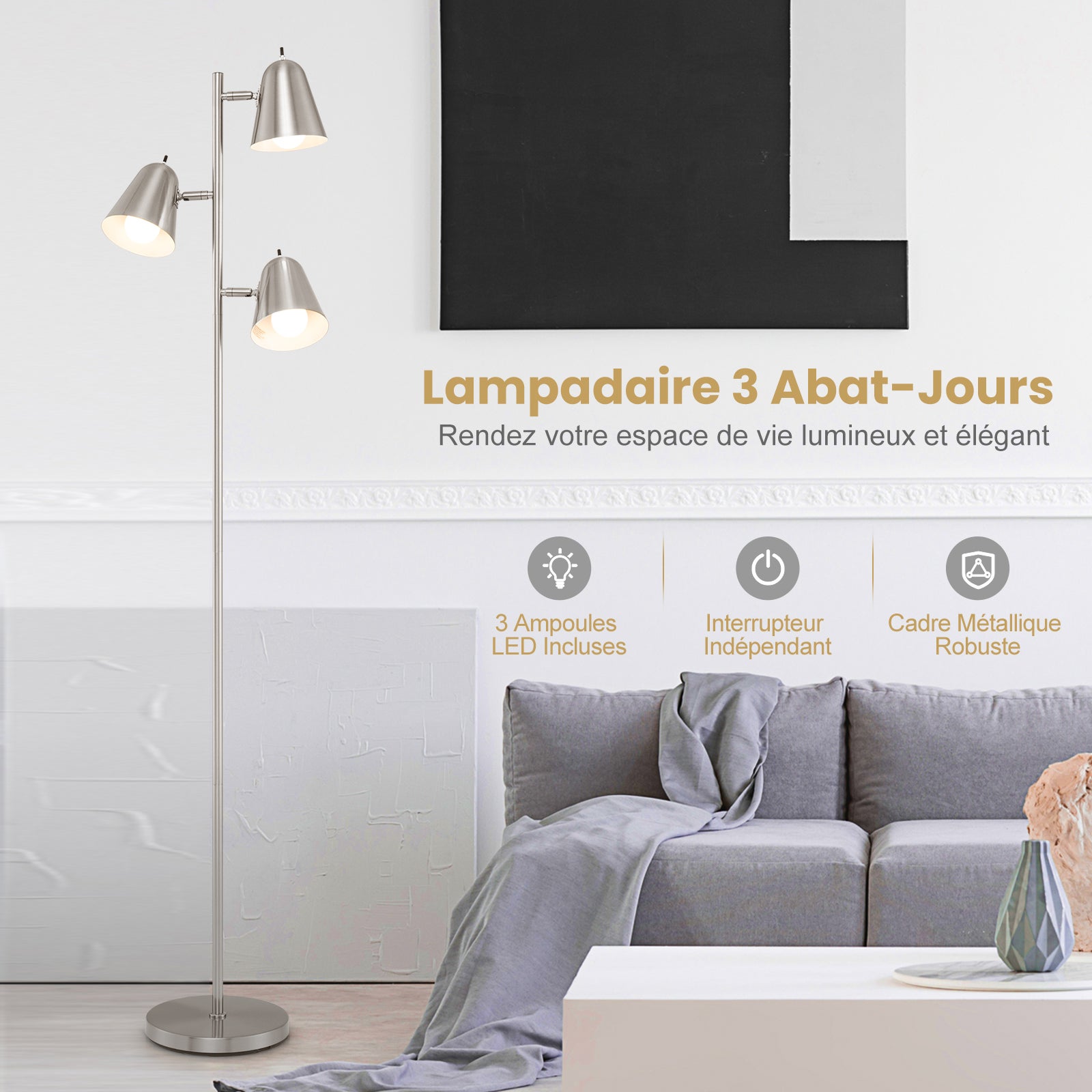 Lampadaire à 3 Ampoules H.163CM, Lampe Arbre sur Pied avec 3 Ampoules E26 A19 et Abat-jours Réglables, Poteau Métallique Robuste et Base Lourde,Argent - 3
