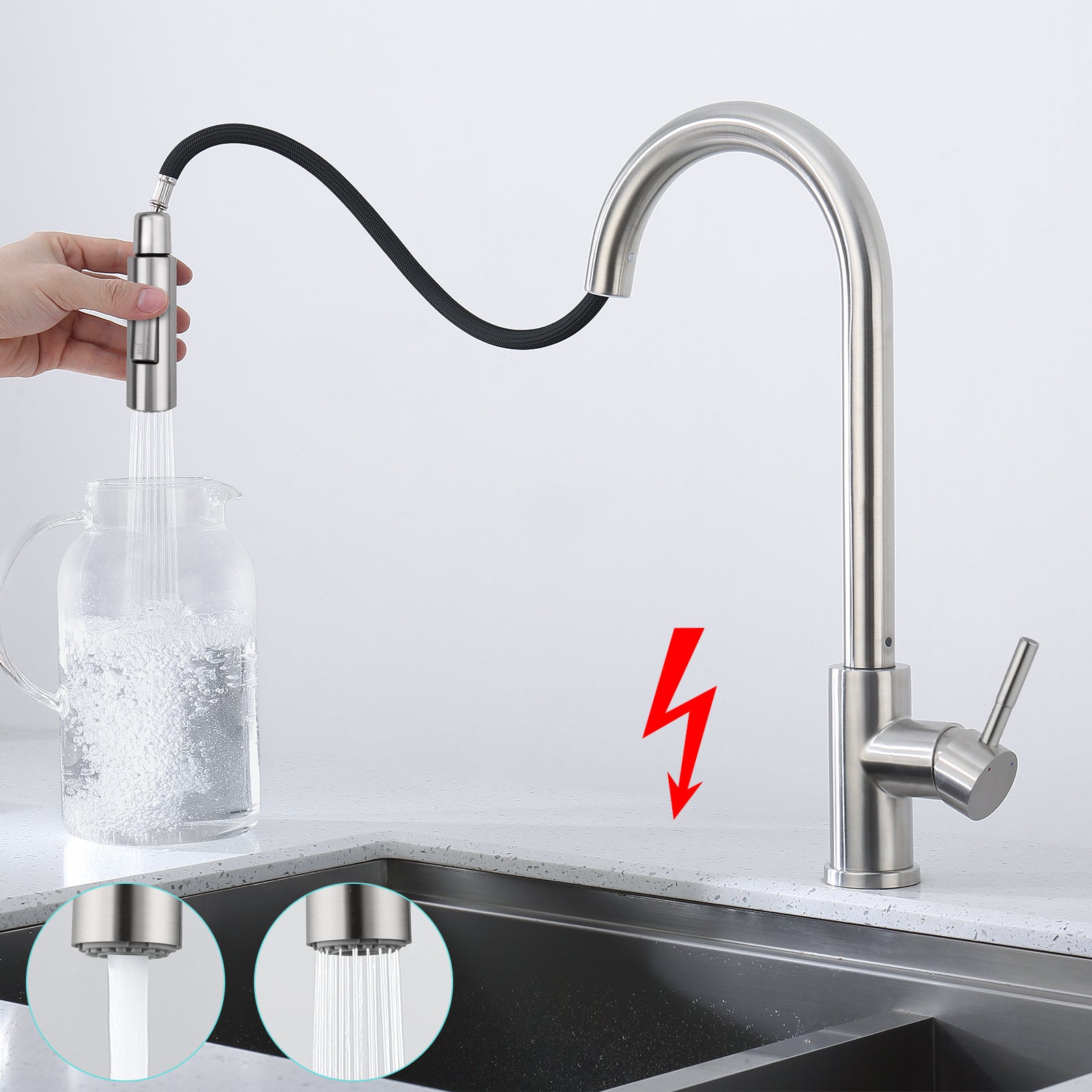 LOVHAUS Bateria Kuchenna Niskociśnieniowa, Wyciągana Bateria Mieszająca z Dwoma Rodzajami Strumienia Wody i 3 Przyłączami