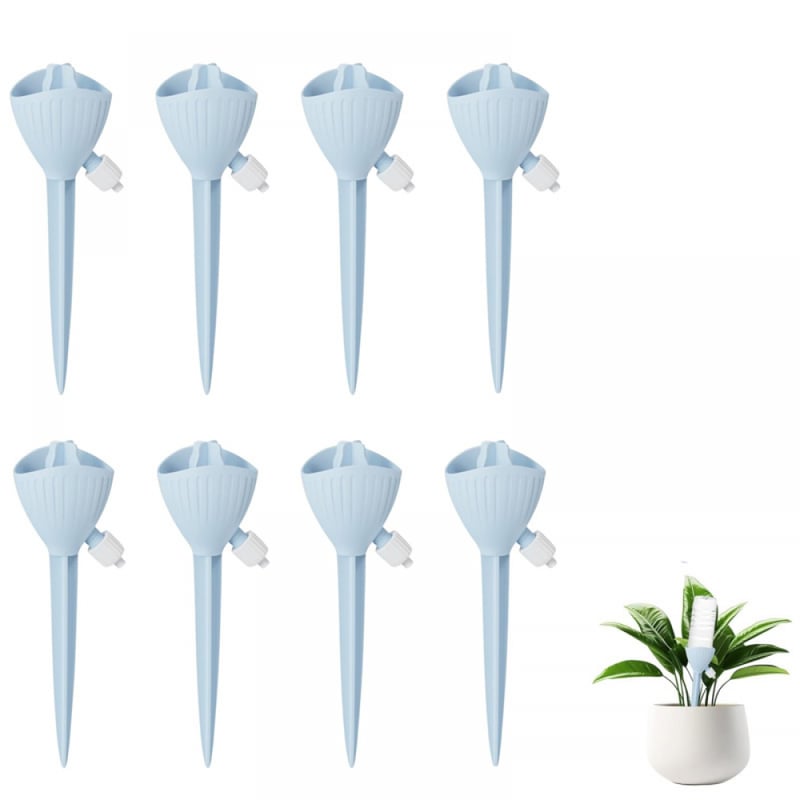 Zestaw 8 zraszaczy wewnętrznych z regulowanym systemem nawadniania do roślin doniczkowych, roślin ogrodowych i kwiatów ogrodowych (niebieski)