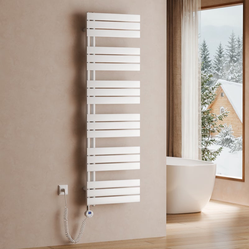 Grzejnik łazienkowy elektryczny z grzałką i termostatem, 159,9 × 50 cm, 1000 W, biały, montaż na ścianie