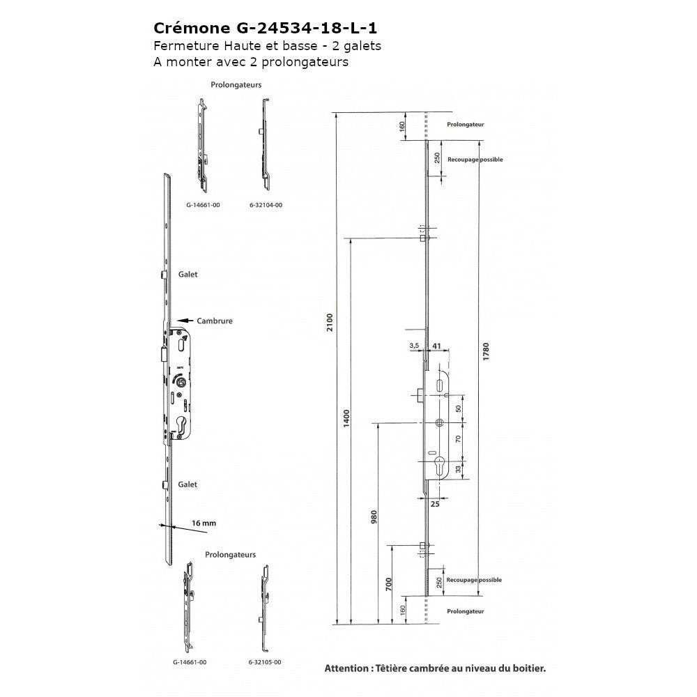 Crémone barillet axe 25mm longueur 2030mm ajustable haut et bas FERCO G 24534 20 L 1 - 3