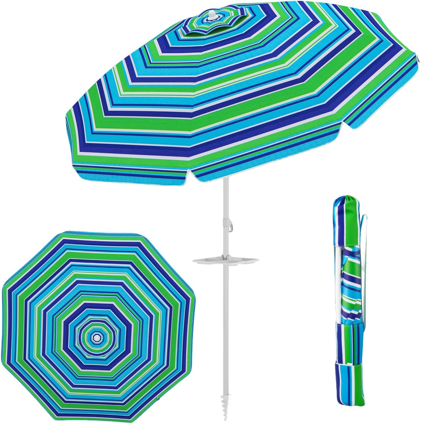 Parasol Plażowy 2,2 m, Parasol z Uchylną Czaszą i Uchwytem na Kubek, Parasol Ogrodowy na Taras z Ochroną Przeciwsłoneczną, Wys. 173 cm, Zielony