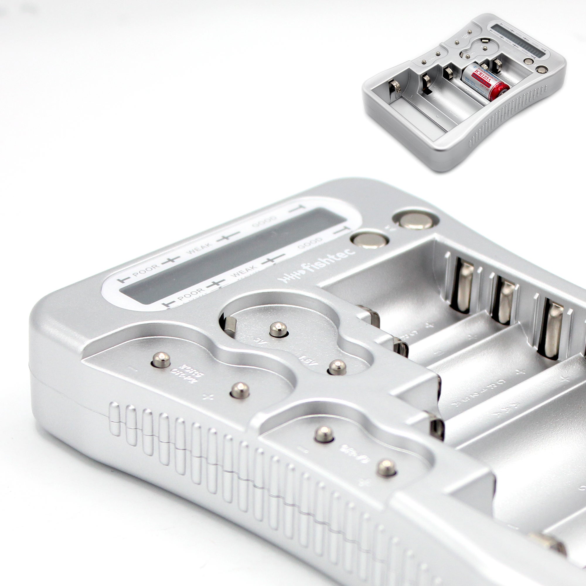 FISHTEC Tester di pile Universale, Visualizzazione digitale della tensione, Pile AA/LR6, AAA/LR3, C/LR14, D/LR20, 9V, Pile Bottone ALCALINE, Grigio - 9