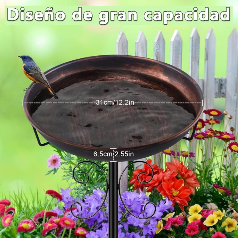 Bebedouro para pássaros em metal com suporte, acabamento em bronze antigo, design clássico, ideal para jardim, terraço, pátio e decoração externa. - 2