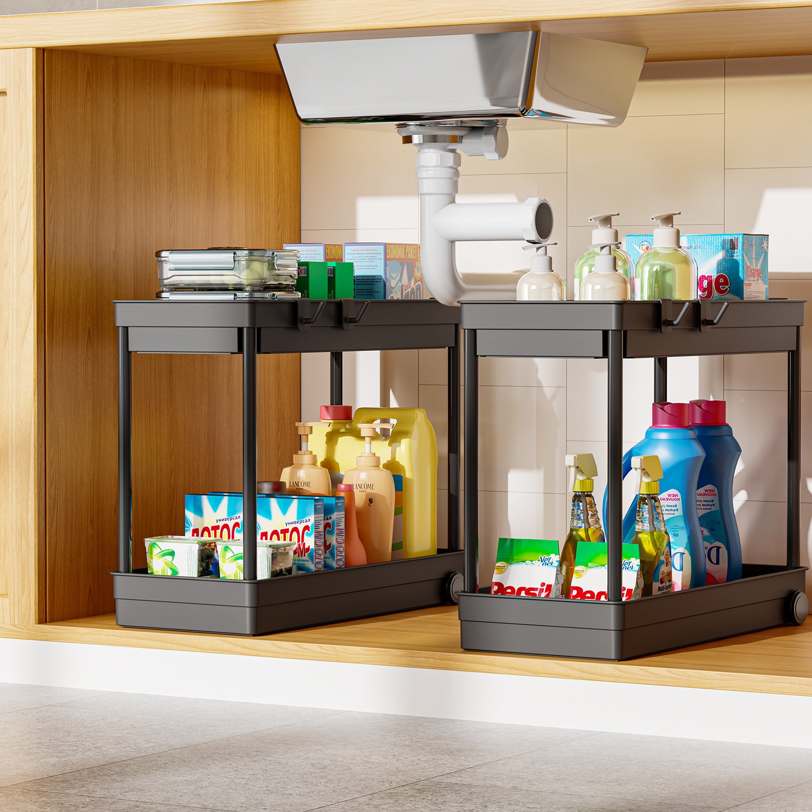 Lot de 2 étagères de rangement sous évier - Rangement et organisation pour cuisine et salle de bain, étagère sous évier à 2 niveaux, noir - 8