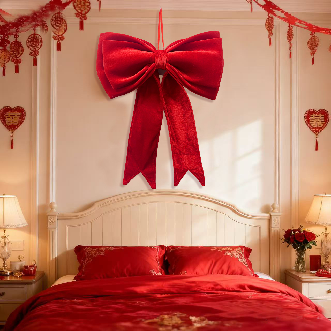 Grande fiocco di velluto rosso per albero di Natale, decorazione da appendere per matrimoni, Natale, ornamento natalizio, fiocco gigante di Natale - 8